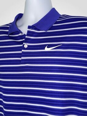 Nike Dri-FIT Polo Shirt Men’s XL Blue Striped Golf Performance Swoosh Logo